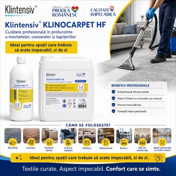 Detergent profesional covoare și tapițerii Klintensiv KLINOCARPET HF, concentrat pentru șamponare, mochetă, covoare, textile și spații cu trafic intens, canistră 5 L, 4x Stickere - Img 3
