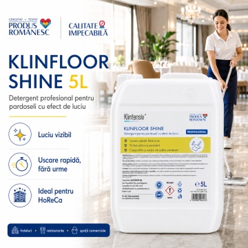 Detergent profesional pardoseli Klintensiv KLINFLOOR SHINE, concentrat cu efect de luciu, parfum remanent, spumare redusă, pentru mop și mașini de curățat pardoseli, canistră 5 L, 4x Stickere - Img 3
