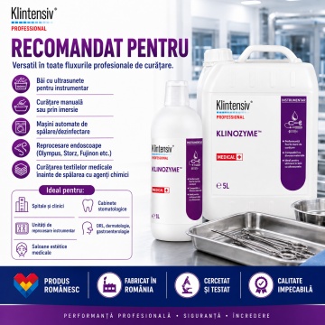Detergent tri-enzimatic pentru instrumentar medical Klinozyme Klintensiv Professional, concentrat, cu protează, amilază și lipază, pH neutru, pentru curățare manuală, ultrasonică și automată, 1 L, 4x Stickere - Img 5