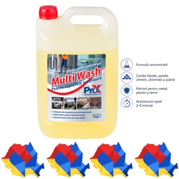 Detergent universal concentrat Multi Wash PRO X, pentru suprafețe exterioare, fațade, pavele, ciment, piatră, lemn, auto, moto, barcă, rulotă, 5 Kg, 4x Stickere