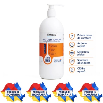 Detergent vase manual Klintensiv PRO DISH, profesional concentrat, degresant puternic, spumare abundentă, cu glicerină, blând cu pielea, pentru uz casnic și profesional, 1 L, 4x Stickere