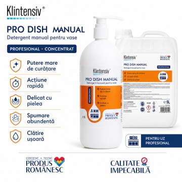 Detergent vase manual Klintensiv PRO DISH, profesional concentrat, degresant puternic, spumare abundentă, cu glicerină, blând cu pielea, pentru uz casnic și profesional, 5 L, 4x Stickere - Img 3