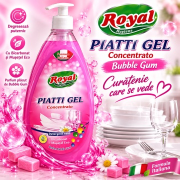 Detergent Vase Profesional Concentrat Royal Hygiene Piatti Gel Concentrato Bubble Gum, cu Bicarbonat și Mușețel, Formulă Eco Italiană, Fabricat în România, 800 ml - Img 6