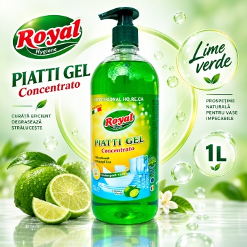 Detergent Vase Profesional Concentrat Royal Hygiene Piatti Gel Concentrato Lămâie Verde, Concentrat HoReCa, cu Bicarbonat și Mușețel, Formulă Eco Italiană, Fabricat în România, 1 L - Img 6