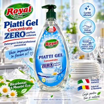 Detergent Vase Profesional Concentrat Royal Hygiene Piatti Zero, Fără Parfum și Coloranți, cu Bicarbonat și Mușețel, Formulă Eco Italiană, Fabricat în România, 800 ml