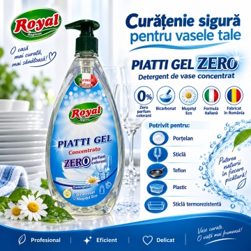 Detergent Vase Profesional Concentrat Royal Hygiene Piatti Zero, Fără Parfum și Coloranți, cu Bicarbonat și Mușețel, Formulă Eco Italiană, Fabricat în România, 800 ml - Img 6