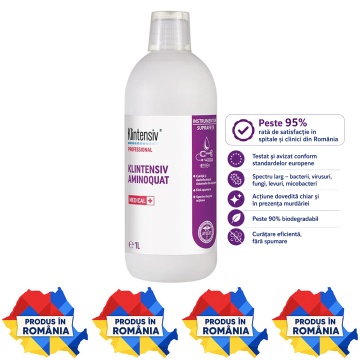 Dezinfectant concentrat Klintensiv Aminoquat Professional, detergent dezinfectant pentru suprafețe, instrumentar medical și sisteme de aspirație, bactericid, virucid, fungicid, micobactericid și tuberculocid, 1 L, 4x Stickere