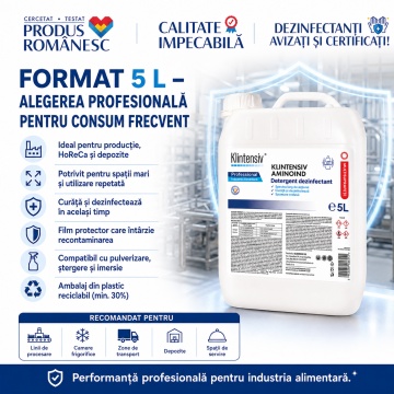 Dezinfectant detergent concentrat Klintensiv Aminoind, pentru HoReCa, producție alimentară, depozite și echipamente, TP4, biodegradabil 90%, canistră 5 L, 4x Stickere - Img 6
