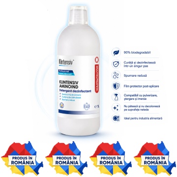 Dezinfectant detergent concentrat Klintensiv Aminoind, pentru industria alimentară, TP4, curățare și dezinfecție, bactericid și levuricid în 5 minute, film protector, 1 L, 4x Stickere