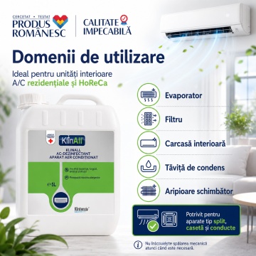 Dezinfectant pentru Aer Condiționat KlinAll Klintensiv, soluție gata de utilizare, bactericidă, fungicidă, levuricidă, micobactericidă și virucidă, pentru unități interioare A/C, 5 L, 4x Stickere auto - Img 3