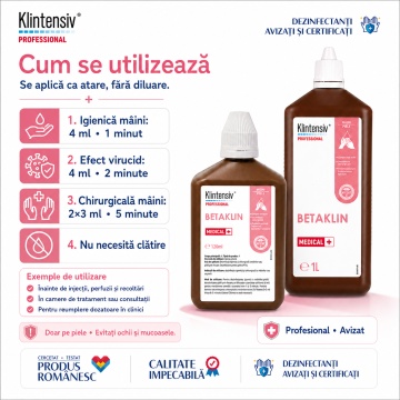 Dezinfectant profesional mâini și piele Betaklin Klintensiv, iod povidonă 7,5%, pentru spitale, clinici, cabinete medicale, saloane și reumplere dozatoare, aviz biocid, 1 L, 4x Stickere - Img 5