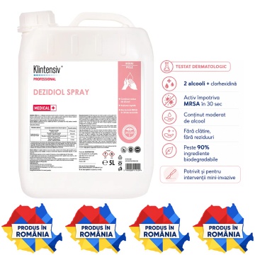 Dezinfectant profesional pentru mâini și piele Dezidiol Klintensiv, cu 2 alcooli și clorhexidină, pentru reumplere dozatoare și stații de igienă, avizat, canistră 5 L, 4x Stickere