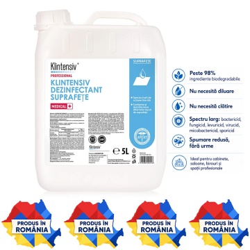 Dezinfectant profesional suprafețe și pavimente Klintensiv Professional RTU, spectru larg, bactericid, virucid, fungicid, micobactericid și sporicid, canistră 5 L, 4x Stickere
