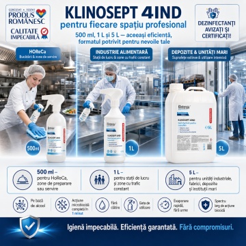 Dezinfectant suprafețe industria alimentară Klinosept 4Ind, pe bază de alcool, 85% etanol, fără clătire, acțiune microbiocidă în 1 minut, HoReCa și procesare alimente, 500 ml, 4x Stickere - Img 5