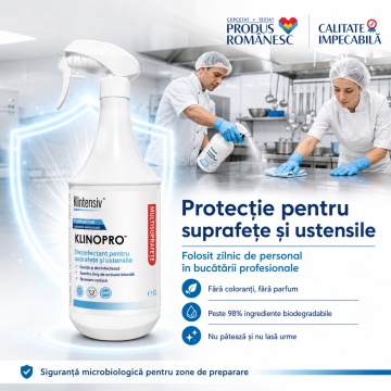 Dezinfectant suprafețe și pavimente Klinopro, soluție profesională pentru industria alimentară, bactericid, fungicid și virucid în 5 minute, peste 98% ingrediente biodegradabile, 1 L, 4x Stickere - Img 5