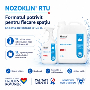 Dezinfectant suprafețe și pavimente Nozoklin RTU Klintensiv, profesional, pentru spitale, clinici, cabinete stomatologice, instituții și spații cu trafic intens, aviz biocid, canistră 5 L, 4x Stickere - Img 5