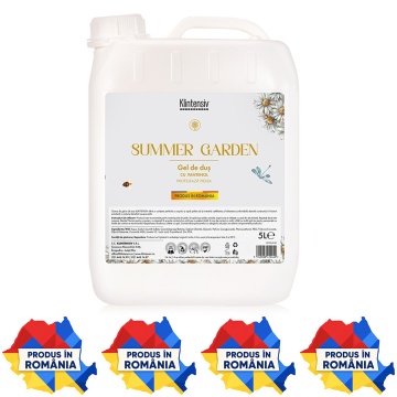 Gel de duș Klintensiv Summer Garden, formulă profesională cu parfum fresh de vară, efect emolient și protector, peste 94% ingrediente biodegradabile, ideal pentru hoteluri, pensiuni, firme, spații publice și reumplere, bidon 5 L, 4x Stickere