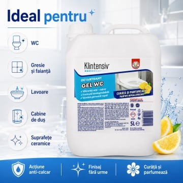 Gel detartrant WC și suprafețe ceramice Klintensiv, anticalcar profesional, textură gel, aderență pe suprafețe verticale, pentru baie, gresie, faianță, ceramică, cabine duș și inox rezistent, 5 L, 4x Stickere - Img 6