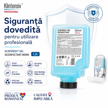 Gel dezinfectant mâini Klintensiv, cartuș 1,2 L, 85% etanol, dezinfectare igienică și chirurgicală, bactericid, fungicid, levuricid, virucid, testat dermatologic, 4x Stickere - Img 6