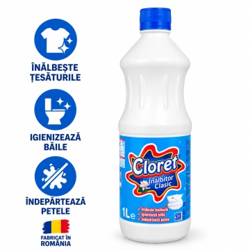 Înălbitor Clasic Cloret, pentru Rufe Albe și Igienizarea Băii, Îndepărtează Petele și Murdăria, Curățare Intensivă, 1 L