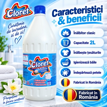 Înălbitor Clasic Cloret, pentru Rufe Albe și Igienizarea Băii, Îndepărtează Petele și Murdăria, Curățare Intensivă, 2 L - Img 6