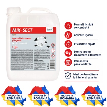 Insecticid concentrat MIX-SECT, soluție profesională pentru combaterea insectelor zburătoare și târâtoare, spații interioare și exterioare, canistră 5 L, 4x Stickere