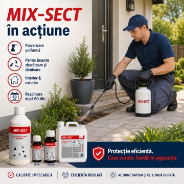 Insecticid lichid concentrat MIX-SECT, pentru interior și exterior, combate muște, țânțari, viespi, furnici, purici, gândaci și ploșnițe, aviz biocid, 100 ml, 4x Stickere - Img 2