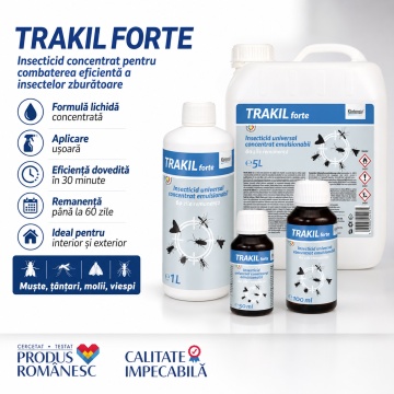 Insecticid lichid concentrat TRAKIL FORTE, pentru combaterea insectelor zburătoare, interior și exterior, muște, țânțari, molii și viespi, aviz biocid, 100 ml, 4x Stickere - Img 2