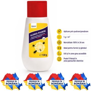 Insecticid pulbere GLORIOL, pentru insecte târâtoare, furnici și gândaci, cu Tetrametrin 2%, aplicare prin pudrare, pentru zone greu accesibile, canalizare, țevi, panouri electrice și exterior, 150 g, 4x Stickere