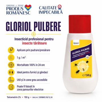 Insecticid pulbere GLORIOL, pentru insecte târâtoare, furnici și gândaci, cu Tetrametrin 2%, aplicare prin pudrare, pentru zone greu accesibile, canalizare, țevi, panouri electrice și exterior, 150 g, 4x Stickere - Img 2