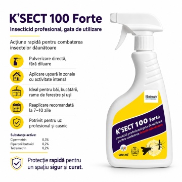 Insecticid spray K-Sect 100 Forte, gata de utilizare, pentru insecte zburatoare dăunătoare, insecticid, acaricid și control artropode, cu Cipermetrin, Piperonil butoxid și Tetrametrin, 500 ml, 4x Stickere - Img 2