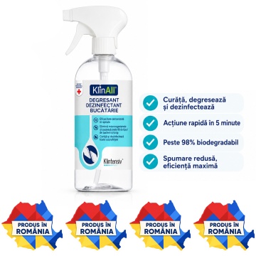 KlinAll Degresant Dezinfectant Bucătărie Klintensiv, curăță, degresează și dezinfectează în 5 minute, biodegradabil peste 98%, pentru HoReCa și uz profesional, 500 ml, 4x Stickere