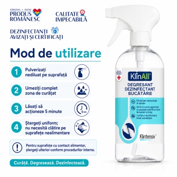 KlinAll Degresant Dezinfectant Bucătărie Klintensiv, curăță, degresează și dezinfectează în 5 minute, biodegradabil peste 98%, pentru HoReCa și uz profesional, 1 L, 4x Stickere - Img 5