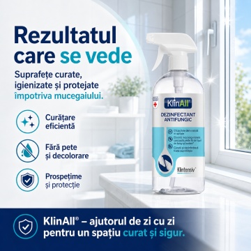 KlinAll Dezinfectant Antimucegai Klintensiv, soluție profesională gata de utilizare, PT2, împotriva mucegaiului, fungilor, bacteriilor și virusurilor, biodegradabil peste 98%, 1 L, 4x Stickere - Img 2