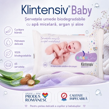 Klintensiv Baby șervețele umede biodegradabile, cu apă micelară, argan și aloe, pentru bebeluși și copii, curățare blândă și hidratare, testate dermatologic, fabricate în România, 40 bucăți, 4x Stickere - Img 3