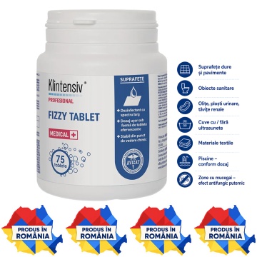 Klintensiv Fizzy Tablet tablete dezinfectante efervescente, soluție 0,2%, pentru spitale, clinici, școli, hoteluri, săli de sport și spații publice, aviz biocid, 75 tablete, 4x Stickere
