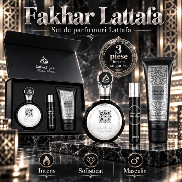 Lattafa Set Cadou Fakhar Men + + Shower Gel – Apă de parfum 100 ML + 12 ML, bărbați - Img 6