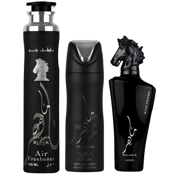 Lattafa Set cadou Maahir Black Spray + Spray + Air Freshener – Apă de parfum 100 ml + 200 ml, bărbați - Img 6