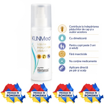 Loțiune antipăduchi KLINMed cu dimeticonă, pentru păduchi de cap și ou lindini, fără insecticide sau medicamente, pentru copii peste 3 ani și adulți, 100ml, 4x Stickere