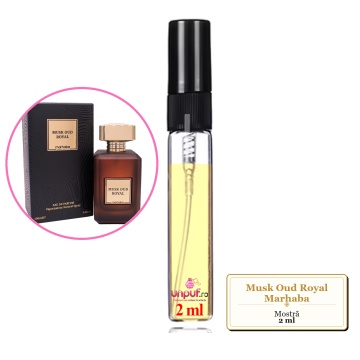 Mostra fiola din Musk Oud Royal Marhaba, decant sticla cu pulverizator