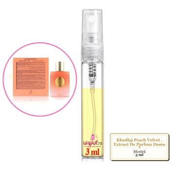 Mostra fiola din Parfumul Khadlaj Peach Velvet, Extract De Parfum Dama, decant sticla cu pulverizator - Img 3