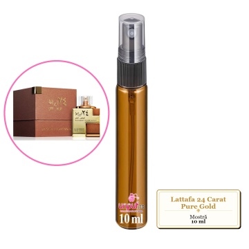 Mostra fiola din Parfumul Lattafa 24 Carat Pure Gold, decant sticla cu pulverizator