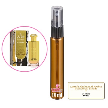 Mostra fiola din Parfumul Lattafa Khaltaat Al Arabia Gold Royal Blends, decant sticla cu pulverizator