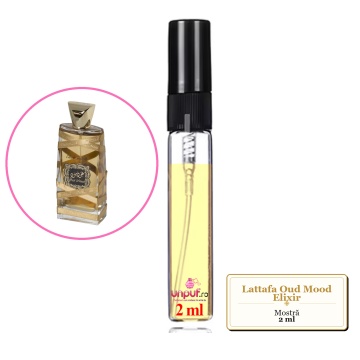 Mostra fiola din Parfumul Lattafa Oud Mood Elixir, decant sticla cu pulverizator