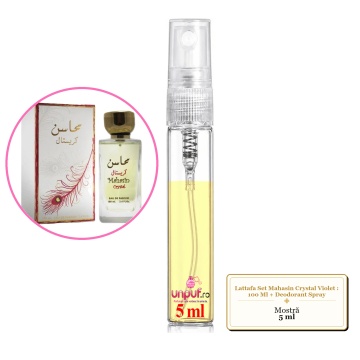 Mostra fiola din Parfumul Lattafa Set Mahasin Crystal Violet : 100 Ml + Deodorant Spray, decant sticla cu pulverizator - Img 4