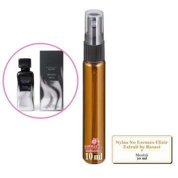 Mostra fiola din Parfumul Nylaa No Excuses Elixir Extrait by Rasasi, decant sticla cu pulverizator