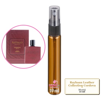 Mostra fiola din Parfumul Rayhaan Leather Collection Cordova, decant sticla cu pulverizator