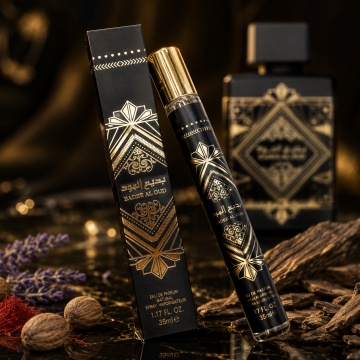 Mostră fiolă parfum Badee Al Oud Oud For Glory Lattafa, 35 ml, Eau de Parfum unisex, aromă intensă de oud, șofran, lavandă, patchouli și mosc