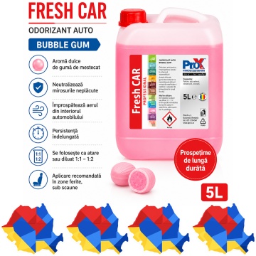 Odorizant auto PRO X Fresh CAR Bubble Gum, aromă dulce de gumă de mestecat, neutralizare mirosuri neplăcute, parfum persistent pentru habitaclu, 5 L, 4x Stickere
