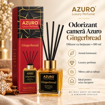 Odorizant Cameră Azuro Gingerbread Luxury Perfume, Difuzor cu Bețișoare, Aromă Lemnoasă, Parfum Ambiental, 100 ml